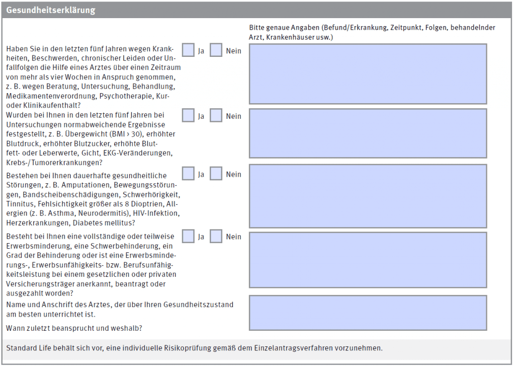 Gesundheitsfragen Standard Life BU Aktion 2014 ohne Gesundheitsprüfung