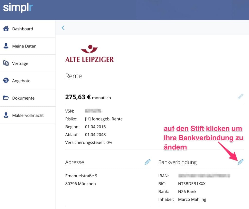 simplr Web Bankänderung