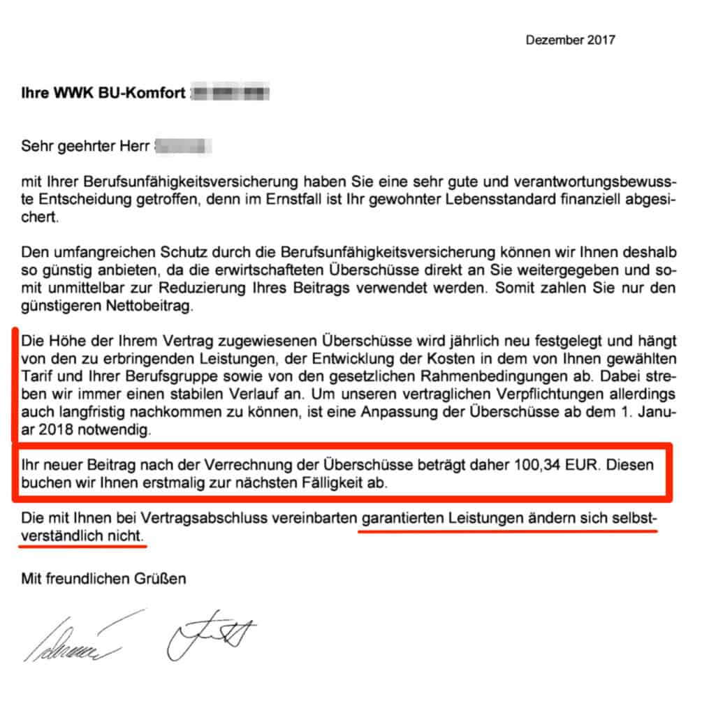 Beitragsanpassung Berufsunfähigkeitsversicherung 