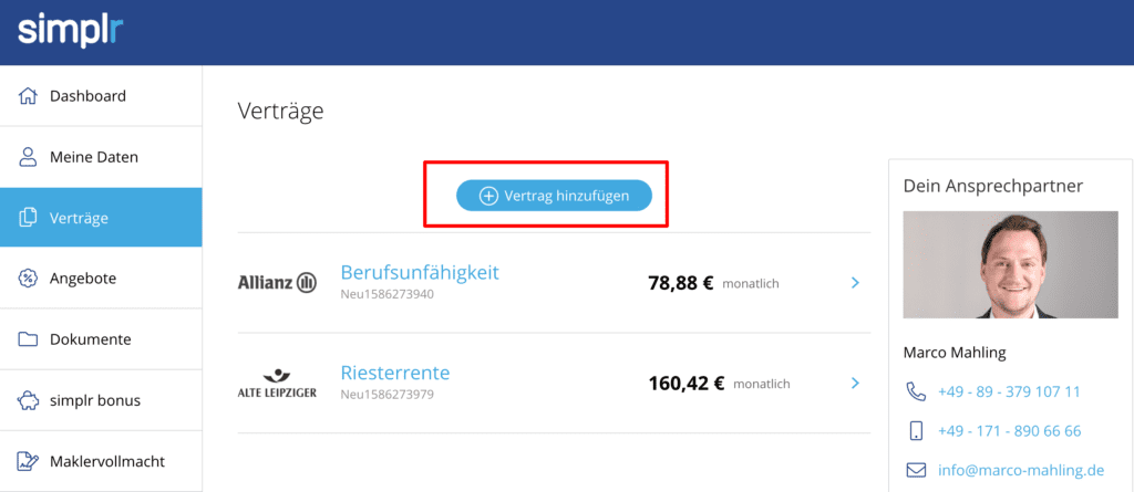 Simplr - Vertrag hinzufügen
