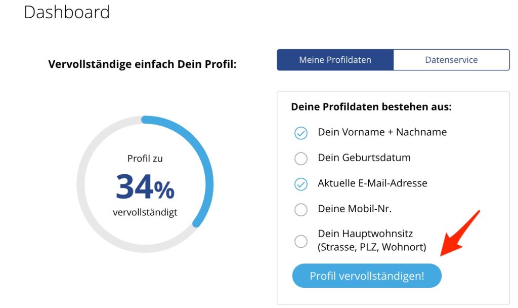 Klicken Sie auf "Profil vervollständigen"
