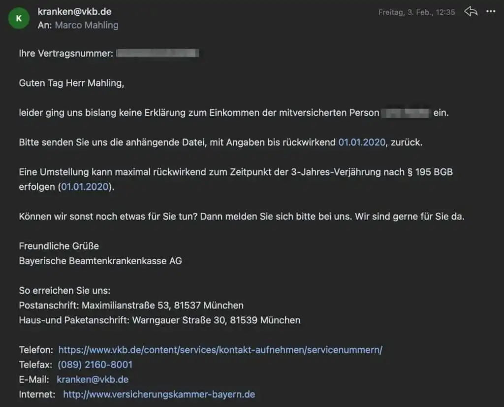 Antwort der BBKK - Rückvergütung maximal die letzten 3 Jahre möglich