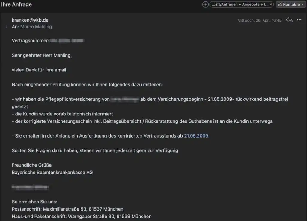 Die BBKK bestätigt die Rückerstattung aller Beiträge.