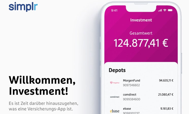 Depot-Übersicht in der Simplr App Mit Simplr nun ihre Versicherungsverträge und Depots einsehen.