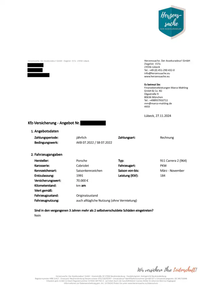Porsche 911 Carrera 2 GTS (997-2) Coupé (2010) Versicherungsbeispiel - Rahmendaten
