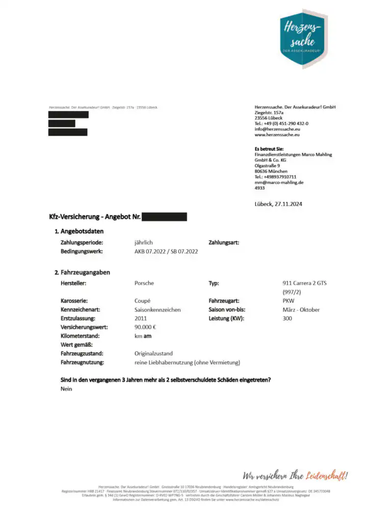 Porsche 911 Carrera 2 GTS (997-2) Coupé (2010) Versicherungsbeispiel - Rahmendaten