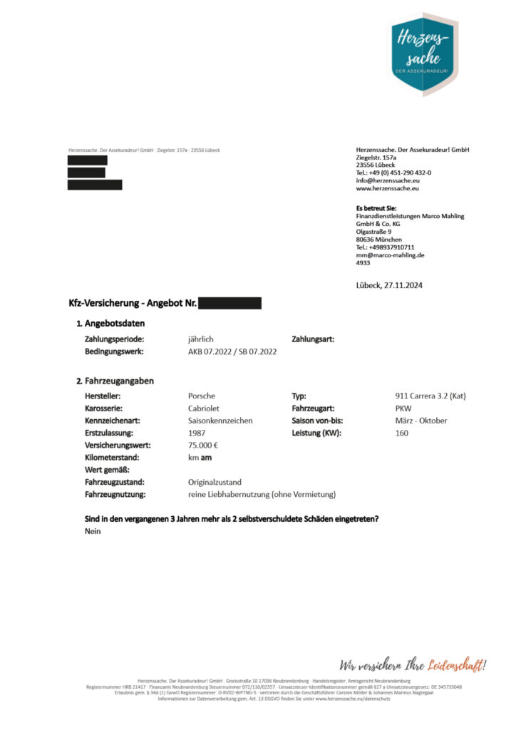 Porsche 911 Carrera 3.2 (Kat) Cabriolet (1986) Versicherungsbeispiel - Rahmendaten