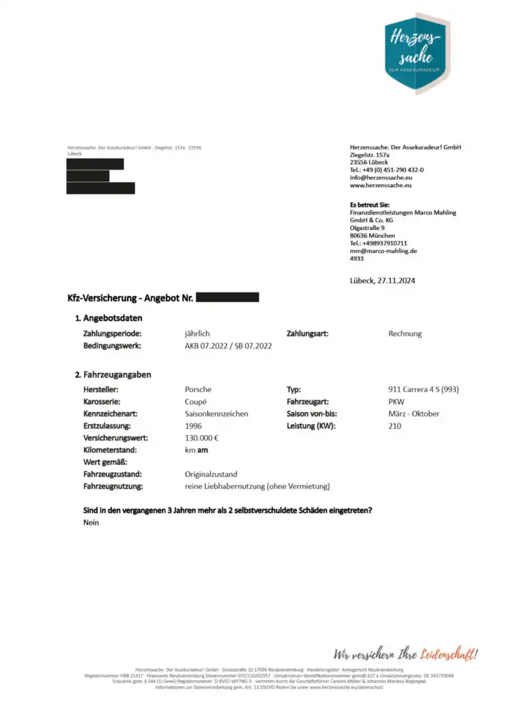 Porsche 911 Carrera 4 S (993) Coupé (1996) Versicherungsbeispiel - Rahmendaten