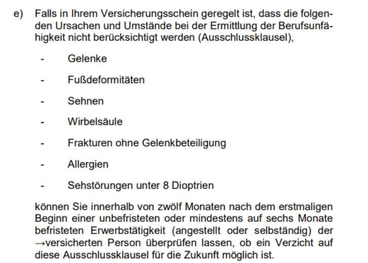 e) Falls in Ihrem Versicherungsschein geregelt ist, dass die folgen-