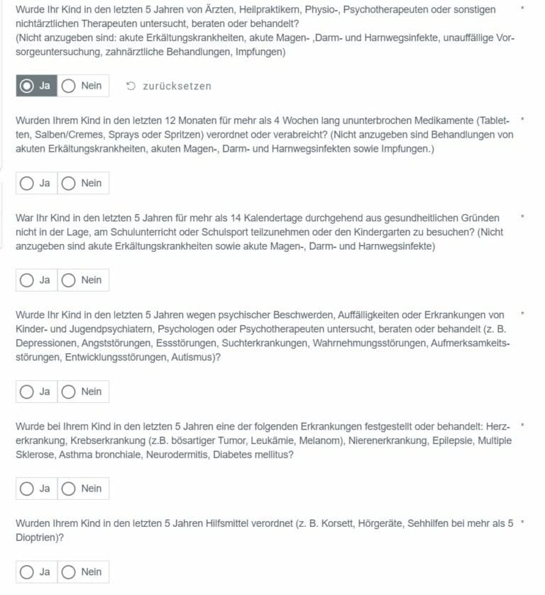 Sollte eine Frage mit "ja" beantwortet werden, folgen diese Vertiefungsfragen.