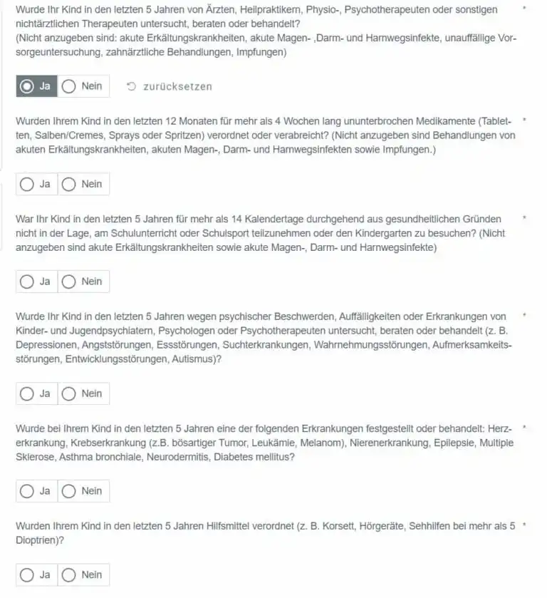 Sollte eine Frage mit "ja" beantwortet werden, folgen diese Vertiefungsfragen.