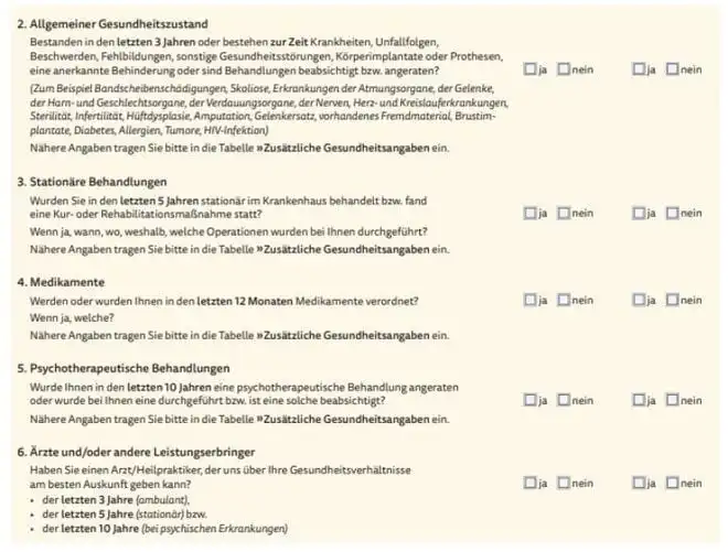 Gesundheitsfragen im Versicherungsantrag der ARAG: Umfassende Abfrage zum allgemeinen Gesundheitszustand, stationären Behandlungen, Medikamenteneinnahme und psychotherapeutischen Maßnahmen der letzten Jahre.