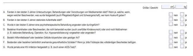 Gesundheitsfragen im Versicherungsantrag der Continentale: Abfrage zu Untersuchungen, Behandlungen und gesundheitlichen Einschränkungen in den letzten Jahren, inklusive Angaben zu Größe und Gewicht.
