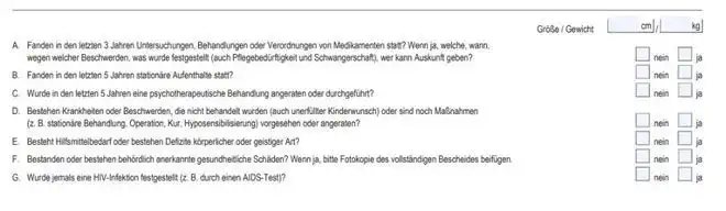 Gesundheitsfragen im Versicherungsantrag der Continentale: Abfrage zu Untersuchungen, Behandlungen und gesundheitlichen Einschränkungen in den letzten Jahren, inklusive Angaben zu Größe und Gewicht.