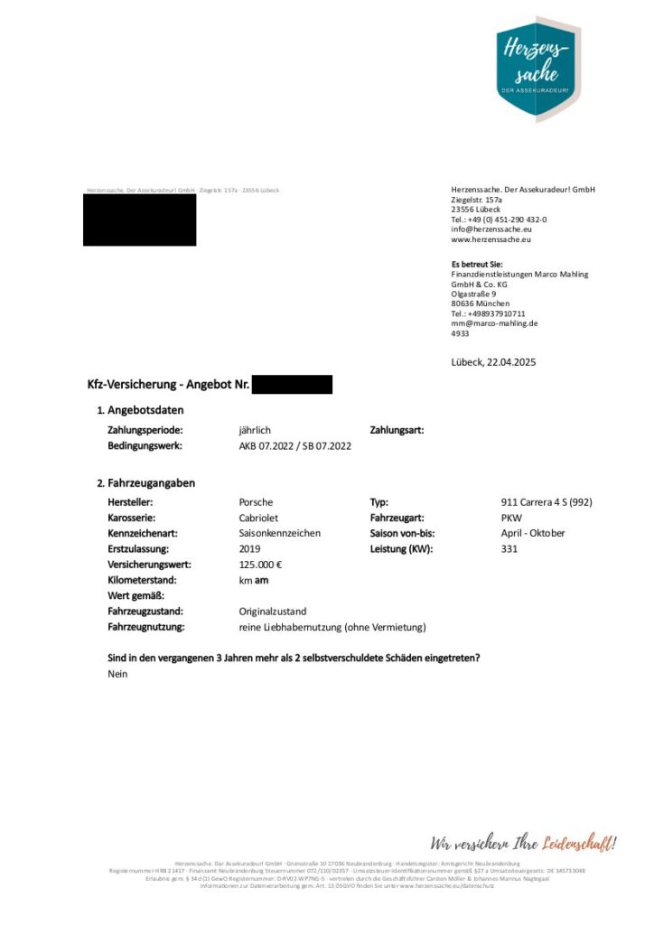 Porsche 911 Carrera 4 S (992) - Versicherungsbeispiel - Rahmendaten
