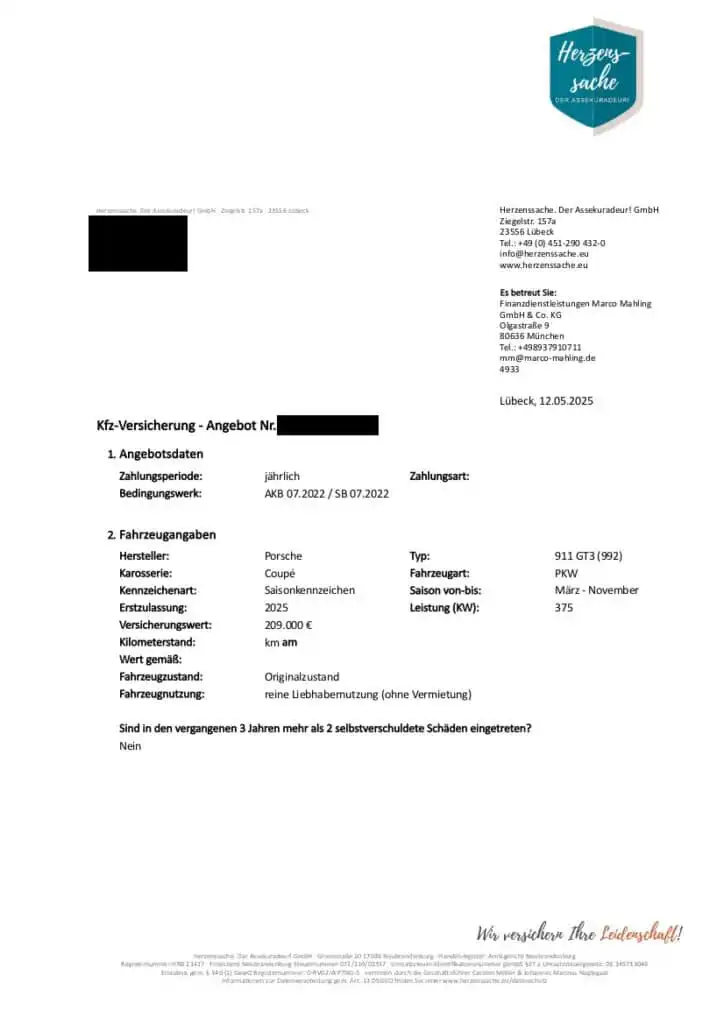 Porsche 911 GT3 (992) - Versicherungsbeispiel - Rahmendaten