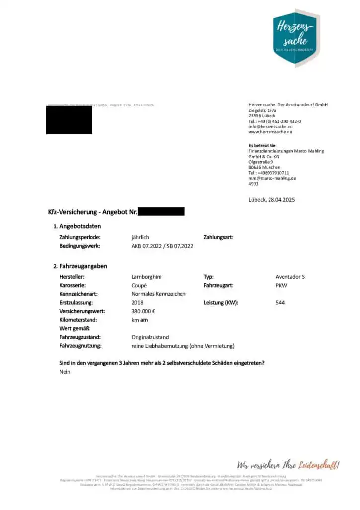 Lamborghini Aventador S Coupe - Versicherungsbeispiel Seite 1 - Rahmendaten