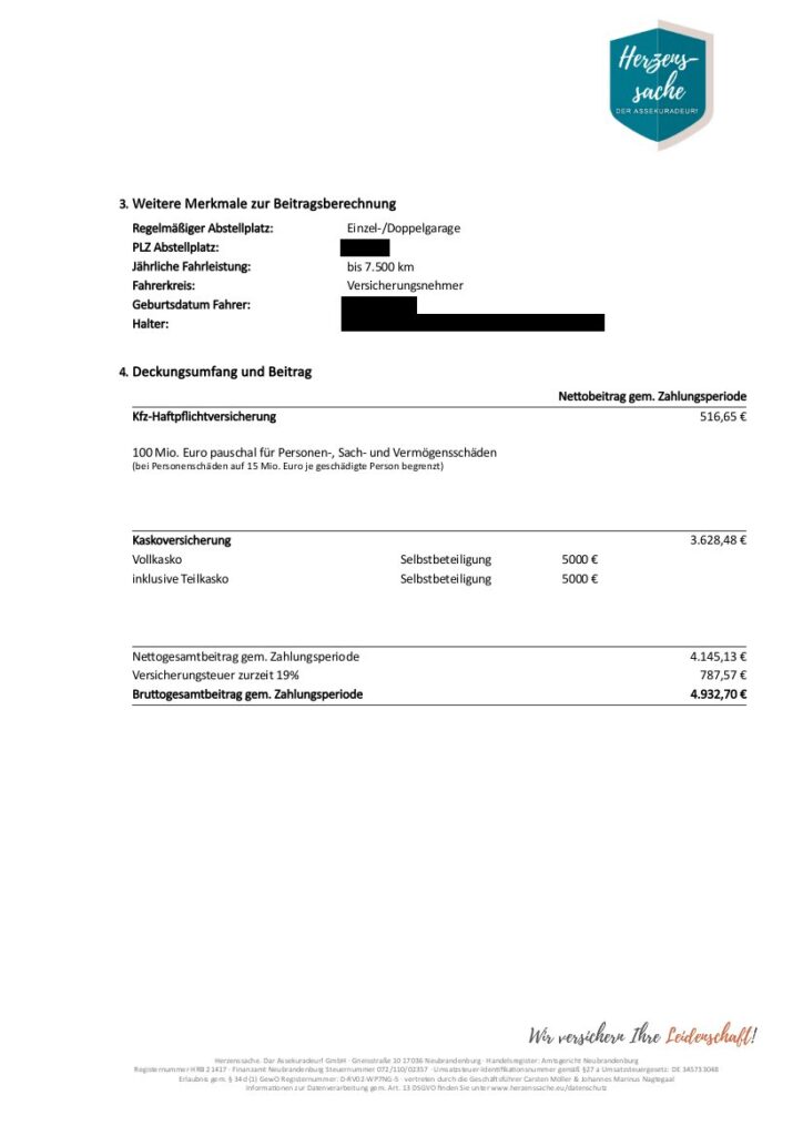 Lamborghini Aventador S Coupe - Versicherungsbeispiel Seite 2 - Bruttogesamtbeitrag 4.932,70 €