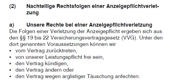 Die Allianz führt die Rechtsfolgen einer Verletzung der Anzeigepflicht auf. Die Allianz führt die Rechtsfolgen einer Verletzung der Anzeigepflicht auf.