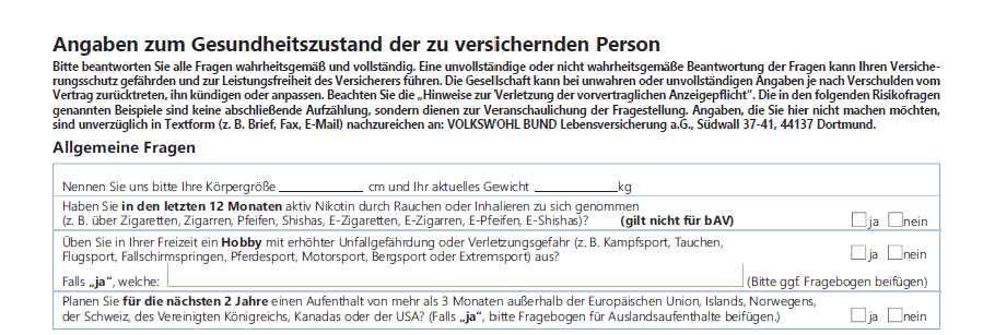 Abbildung: Ausschnitt aus dem Gesundheitsfragebogen mit Angaben zu Körpergröße, Gewicht, Freizeitrisiken und geplanten Auslandsaufenthalten.