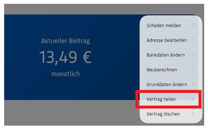 Screenshot aus simplr mit geöffnetem Vertragsmenü und hervorgehobener Funktion „Vertrag teilen“.