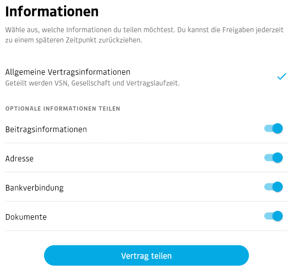 Auswahl der Informationen, die beim Teilen eines Versicherungsvertrags in simplr freigegeben werden können, darunter Beitrag, Adresse, Bankverbindung und Dokumente.