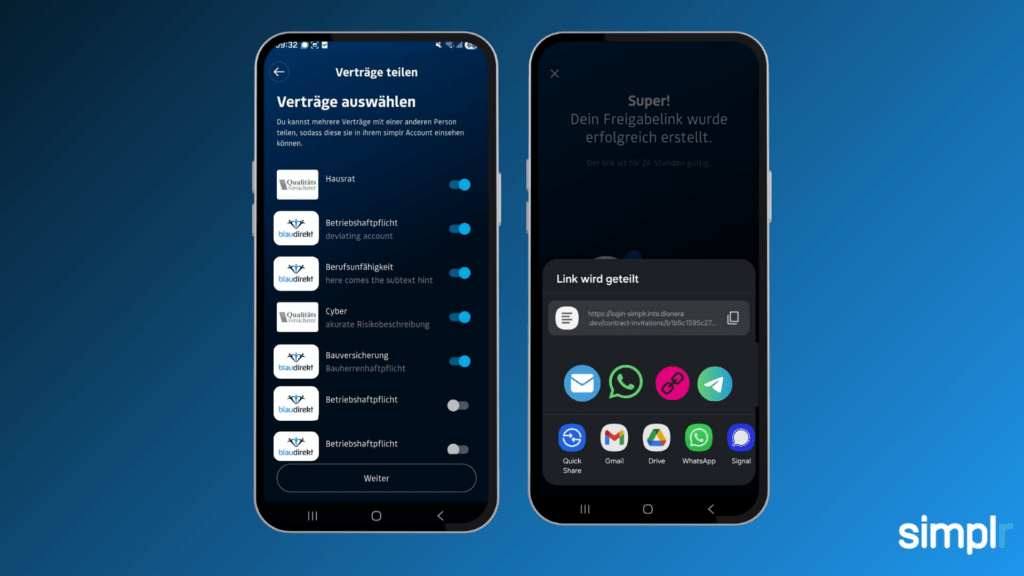 simplr-App mit Auswahl mehrerer Versicherungsverträge zum Teilen und anschließendem Teilen des Freigabelinks über verschiedene Apps.