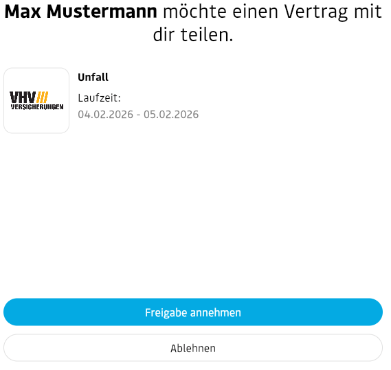 Freigabeansicht eines geteilten Unfallversicherungsvertrags mit Möglichkeit, die Vertragsfreigabe anzunehmen oder abzulehnen.
