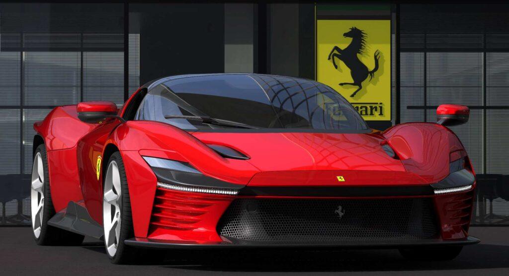 Roter Ferrari Daytona SP3 als 3D-Rendering in schräger Frontansicht vor einer Ferrari-Ausstellung.