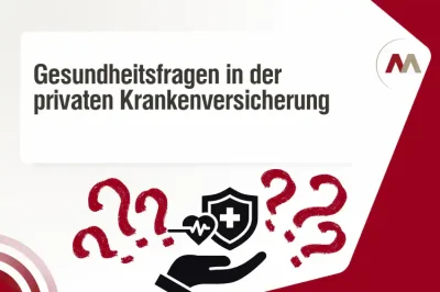 Gesundheitsfragen in der privaten Krankenversicherung mit Symbolen fuer Schutz, Herzschlag und Fragezeichen zur Darstellung von Risikopruefung und Antragstellung