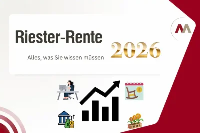 Infografik zur Riester-Rente 2026 mit Symbolen für staatliche Förderung, Kapitalaufbau und private Altersvorsorge.
