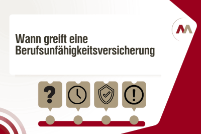 Vorschaubild mit einigen Symbolen über Fragen rund um das Thema wann eine Berufsunfähigkeitsversicherung greift